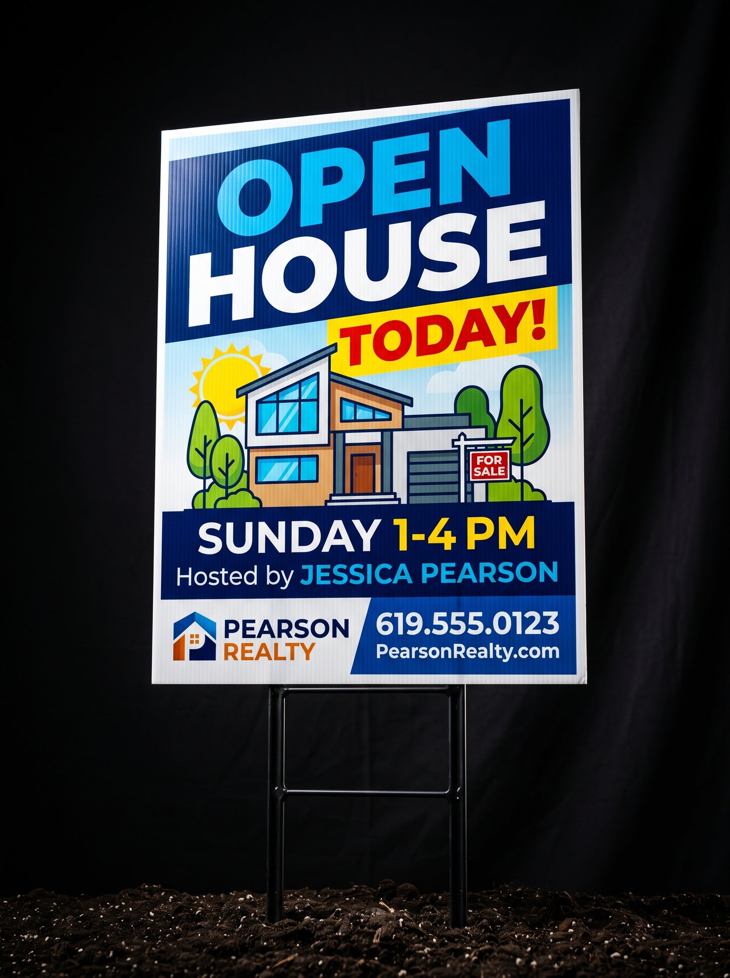 Custom 18x24 full-color real estate yard sign on H-stake frame — GoodguyzDTF coroplast printing for open house and event signage
