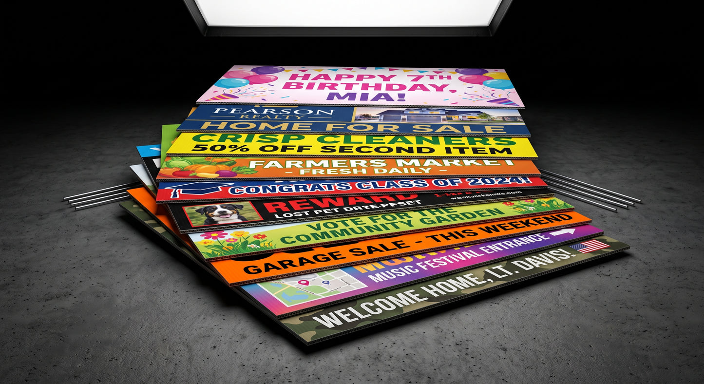 Stack of custom 18x24 full-color yard signs on coroplast — real estate, birthday, event, and political sign designs with H-stakes