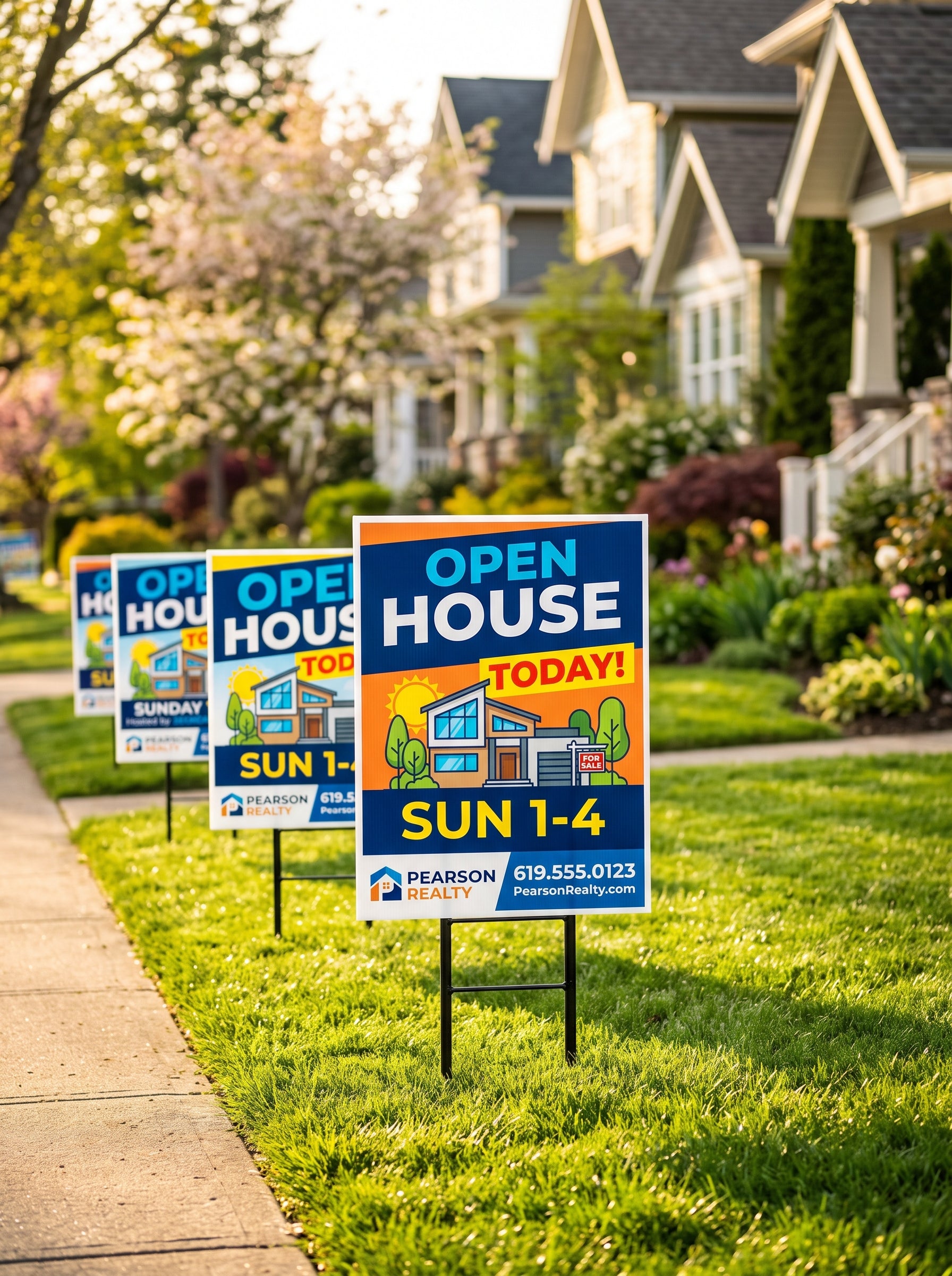 Custom 18x24 real estate open house yard signs displayed on suburban lawn — full-color coroplast signs with H-stake frames